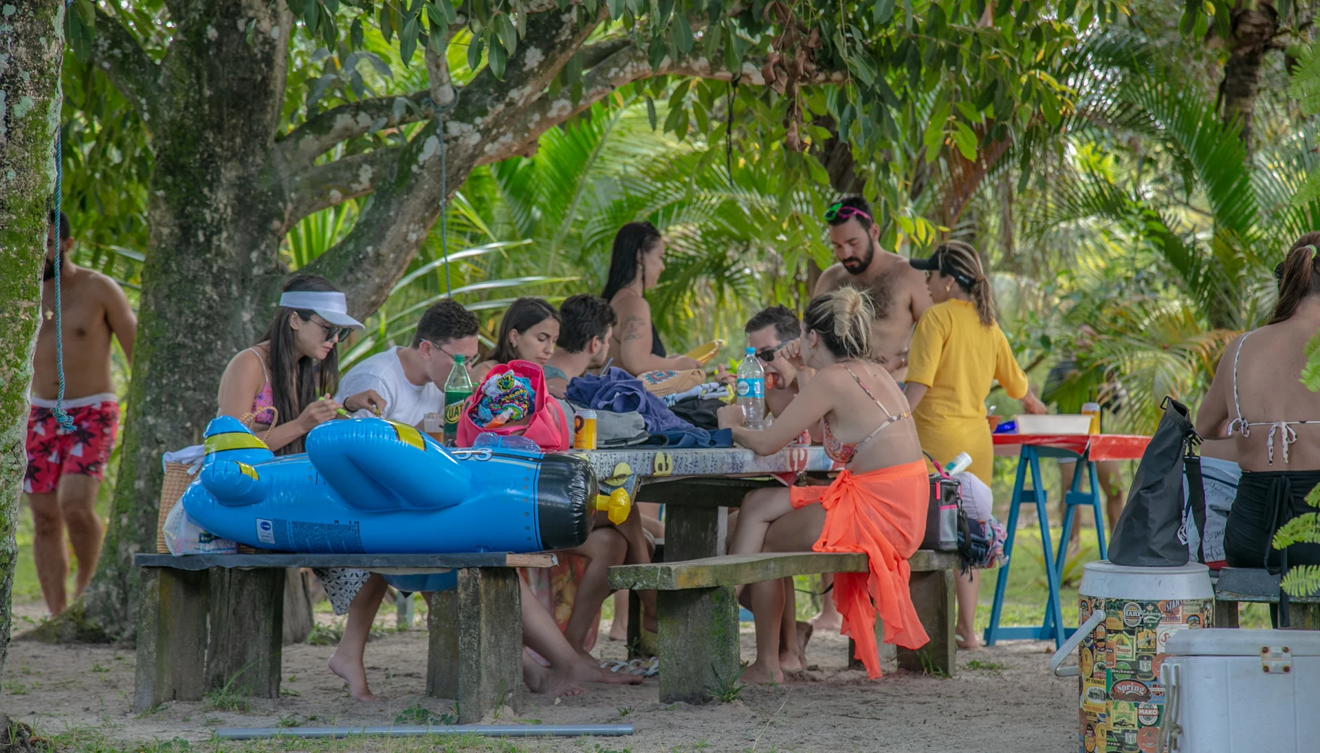 Grupo reunido em mesas sob árvores na área de parada